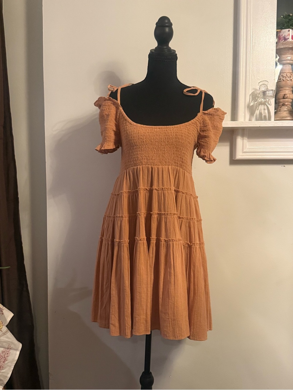 Free People Burnt Orange Smocked Tiered Mini Dress with Tie Straps